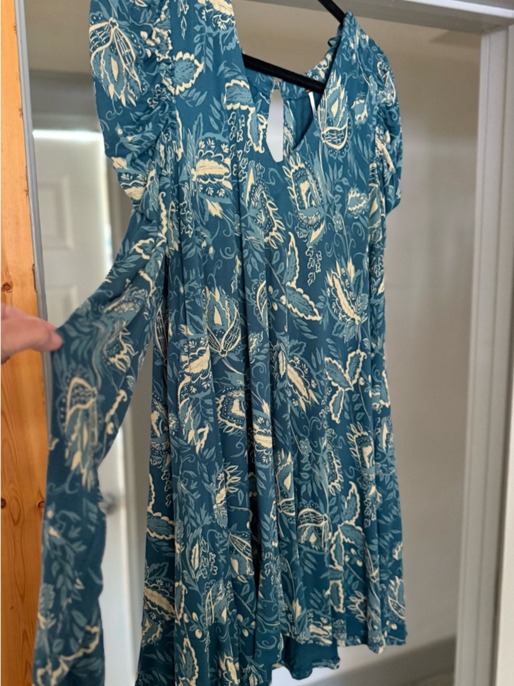 Free People Teal Floral Long Sleeve V-Neck Dress